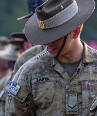 An Australian Army soldier from the 16th Battalion, the Royal Western Australia Regiment. Australian Army service members are easy to identify by their ever-present slouch hats and indefatigable attitude.