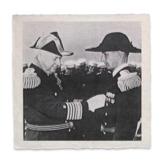 27 August 1938: Vice Admiral Edward C. Kalbfus (left) presents the Navy Cross to Lieutenant Arthur F. Anders for extraordinary heroism during the 1937 Panay incident.