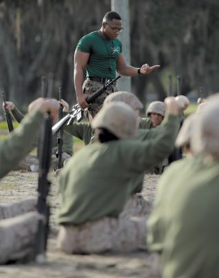 Recruits listen to an instructor at Marine Corps Recruit Depot Parris Island,