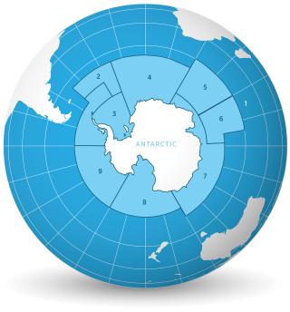 MPA planning domains: 1) Western Peninsula–South Scotia Arc;  2) North Scotia Arc; 3) Weddell Sea; 4) Bouvet Maud; 5) Crozet–del Cano; 6) Kerguelen Plateau; 7) Eastern Antarctica; 8) Ross Sea; and 9) Amundsen–Bellingshausen.  Source: Commission for the Conservation of Antarctic Marine Living Resources, “MPA planning domains,” 9 August 2018.