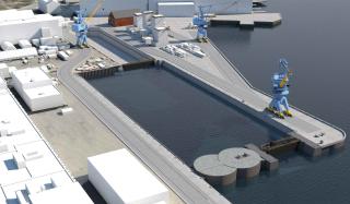 An engineering concept drawing for the Portsmouth Naval Shipyard’s new super flood basin outside the yard’s Dry Dock No. 1. The basin is part of the Navy’s Shipyard Infrastructure Optimization Program (SIOP), a major effort to update and modernize the country’s four public shipyards. The basin opened in May 2022.