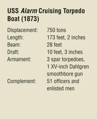 USS Alarm Cruising Torpedo Boat (1873) Displacement:	750 tons Length:	173 feet, 2 inches Beam:	28 feet Draft:	10 feet, 3 inches Armament:	3 spar torpedoes,  	1 XV-inch Dahlgren 	smoothbore gun Complement:	51 officers and 	enlisted men