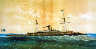 A contemporary lithograph “sketched and drawn on stone by Parsons; lithographed and published by Endicott & Co., New York,” shows the ship uncluttered by sails.