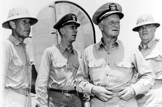 World War II leaders (left to right)  Admirals Raymond Spruance, Ernest King, and Chester Nimitz and Brigadier General Sanderford Jarman visit Saipan in 1944. The Navy’s interwar campaign of learning prepared these leaders for victory by teaching them to learn from every battle. 