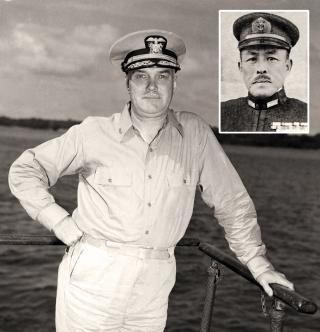 The adversaries: Rear Admiral Walden L. Ainsworth, in a photo taken on board the USS Honolulu, August 1943, and (inset) Rear Admiral Teruo Akiyama.