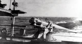 A 5-inch gun on the Saint Louis in December 1917 when the ship was serving as a troop transport.