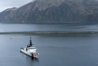 The Coast Guard Cutter Bertholf (WMSL-750) crew arriving in Dutch Harbor, Unalaska. The Coast Guard is the joint force expert on operations throughout the Aleutians and could assist DOD partners with area familiarization.