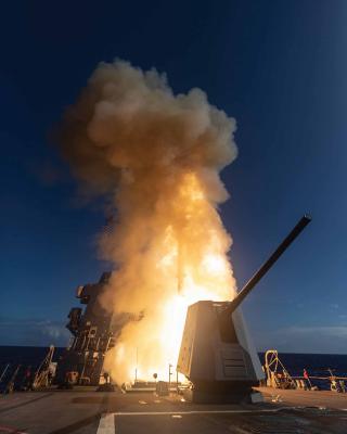 An SM-3 Block IIA Standard Missile is launched from the guided-missile destroyer USS McCampbell (DDG-85) during a test in February 2024. Tackling multitudes of antiship warheads with BMD-capable interceptors would be inordinately expensive, and a saturation attack still leaves a high probability of leakage.