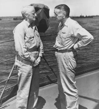 Admirals Chester Nimitz and William Halsey on board the USS Curtiss (AV-4) in January 1946. After Rear Admiral Wilson Brown declined to lead the Navy’s attack in the Marshall Islands, Nimitz presented the opportunity to Halsey, who jumped at the mission. A strong leader must assess his subordinates and choose the right leader for the right job.