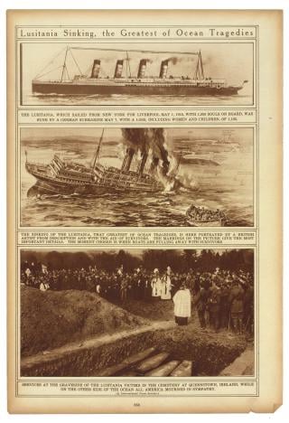 This series of rotogravure etchings depicts the Lusitania before and after her sinking, plus the funeral services in Ireland for those who were lost. Richard Freeman’s body was never found.