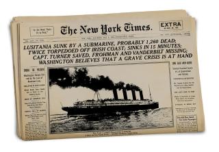 The Lusitania was torpedoed by U-20, just 20 miles off Old Head of Kinsale in Ireland. She sank in just 18 minutes, taking with her more than 1,100 souls.