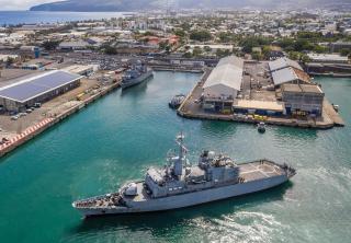 French Navy Floréal-class surveillance frigates at the naval base at the island of La Reunion, east of Madagascar in the Indian Ocean. The base infrastructure here could be enlarged to host several ships from different navies simultaneously.