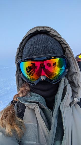 Field Trip! Lt. Kristen Ainslie, an undersea warfare oceanography student captured this self-portrait while participating in ICEX 2020. Ainsley’s research explores the acoustic dynamics of diffusive convection, often observed in the Arctic Ocean.