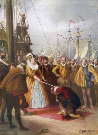 Queen Elizabeth knights Drake on the deck of the Golden Hind after his historic—and immensely profitable—circumnavigation of the globe. Later, when the threat of the Spanish Armada loomed, she would send him forth to bedevil King Philip II’s preparations.