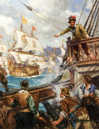Having blasted his way into the Bay of Cadiz, Drake “anchored his great galleons among the entangled and immobile Spanish ships” and proceeded to attack and loot with abandon.