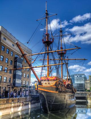 The replica Golden Hinde is berthed at St Mary Overie Dock in London