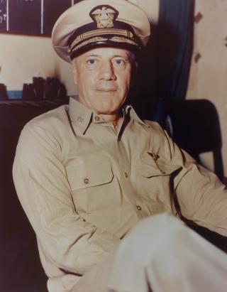 Rear Admiral Charles A. Pownall, pictured here in a photograph taken in October 1943, carried out the 18–19 September raid with the added benefit of two squadrons of B-24s, courtesy of the 7th Air Force.