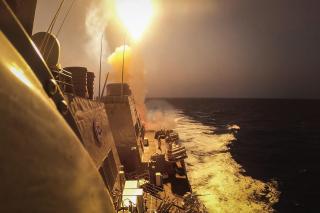 The USS Carney (DDG-64) fires on Houthi missiles and unmanned aerial vehicles in the Red Sea on 19 October. Many operators began diverting their ships around Africa following the attacks by Houthi militants.