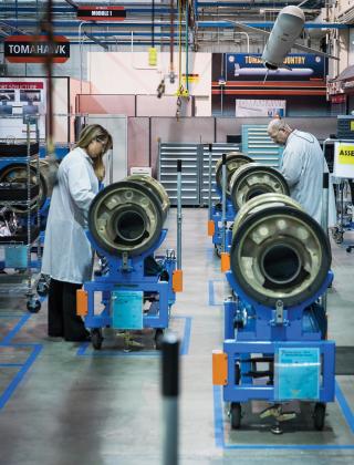 Tomahawk missile being assembled in a Raytheon facility. 