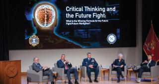 “What is the winning formula for future warfighters?” In a lively discussion, an all-star panel including (l. to r.) Dr. Mark Hagerott, Major General William F. Mullen III, Lieutenant General Michael Plehn, Vice Admiral Ann Rondeau, and Paul Scharre addressed that crucial question.