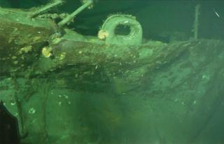 The USS Mannert L. Abele as she appears today on the ocean floor off Okinawa. This image is of her bow.