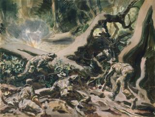 New Zealanders’ success in securing Falamai resulted in Japanese survivors retreating to the north side of Mono Island, where Seabees and Kiwis had landed to install a radar station. Perimeter Soanatalu in the Morning by Russell Clark depicts part of the fighting that ensued as the desperate Japanese sought to reach a barge and flee the island. 