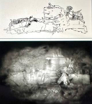 A video montage–generated image produces this chilling view of the wreck of the K-129 three miles below the surface of the ocean. The illustration above provides an outline of the submarine.
