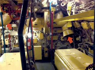 The engine room of the Soviet Foxtrot-class submarine B-39, formerly on view at the Maritime Museum of San Diego, is a virtual match with how the later Golf II–class K-129’s would have looked. Note the incoming air blower on the port side and the ship’s air supply blower on the starboard; tons of seawater would have gushed through the ventilation lines, flooding the boat and quickly sealing her fate. 