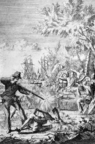 Ping-ponging back and forth across the Atlantic and north and south along the colonial coast, Low and his rapacious crew took prize after prize, always eluding capture. Here, one of his men shoots a wounded prisoner at point-blank range.