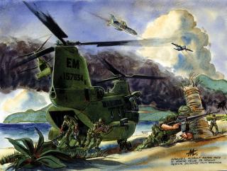 Arriving by Marine Corps helicopter transport, U.S. Army Rangers assault Grande Anse to rescue the American medical students.