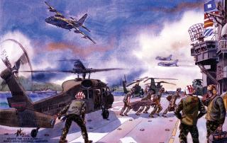 Combat artist Mike Leahy’s watercolor captures the hustle and bustle of interservice activity on the deck of the USS Guam in the thick of the October 1983 Grenada invasion. But beneath the surface, the hastily assembled operation bordered on the chaotic. 