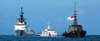 The USCGC Stratton (WMSL-752) with Indonesian Maritime Security Agency patrol boat Belut Laut-406 and Republic of Singapore Navy MSRV Bastion in May 2023.
