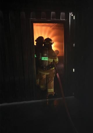 Civilian mariners train for damage control during a simulated ship’s engine room fire at the Military Sealift Command Training Center East at Fort Eustis, Virginia. Since 2018, the Board of Inspection and Survey has consistently scored MSC damage control as degraded.