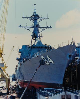 The USS Bulkeley (DDG-84) under construction at the Ingalls Shipbuilding yard. The Arleigh Burke–class destroyer was laid down on 10 May 1996 and commisioned on 8 December 2001.