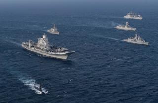 Bilateral and multinational naval exercises are a key to strengthening maritime security in the Indian Ocean. Here, ships from the Royal Australian Navy, Indian Navy, Japan Maritime Self-Defense Force, and U.S. Navy participate in Malabar 2020.