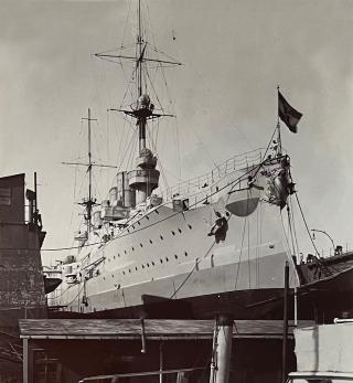 SMS Scharnhorst in drydock at Tsingtao. Naval forces at distant stations find their freedom of action severely curtailed, but squadron ships from Tsingtao were crucial in regional diplomatic efforts.