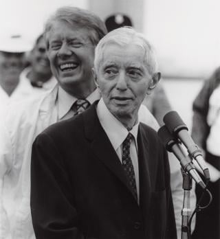 President Jimmy Carter (left) and Admiral Hyman G. Rickover had first crossed paths when a young Carter had joined the ranks of the nuclear Navy in the 1950s. When Carter became President in 1977, the old acquaintances reconnected, to their mutual benefit.