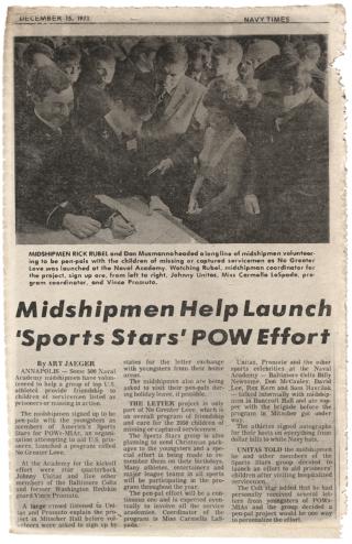 Below: A Navy Times clipping from 1971 on the “No Greater Love” pen-pal campaign, showing the midshipmen queuing up to volunteer.