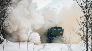 A High Mobility Artillery Rocket System launches missiles during a live-fire event in preparation for Exercise Nordic Response 24 in Norway in February. Despite a focus on the western Pacific, Marines continued to train and operate with allies in NATO and elsewhere.