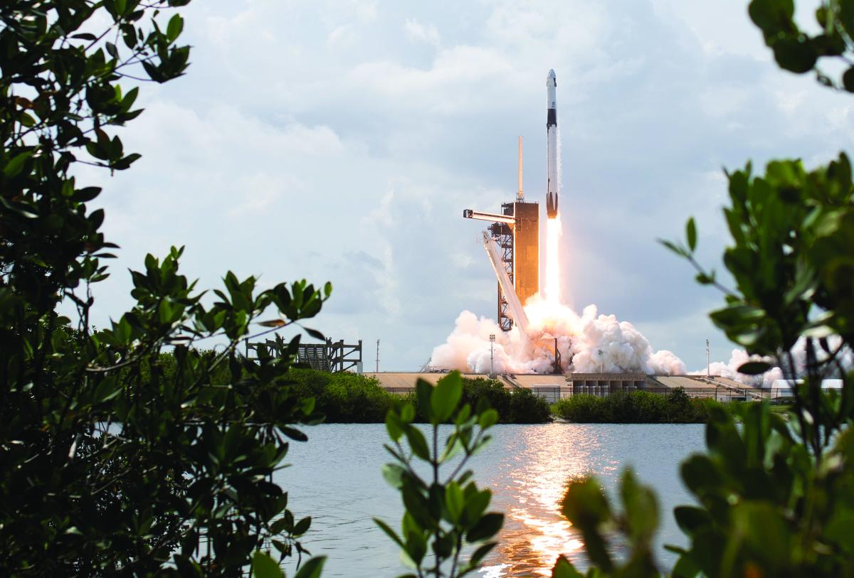 A SpaceX Falcon 9 rocket carrying NASA crew members is launched from Launch Complex 39A at the Kennedy Space Center in Florida on 30 May 2020. SpaceX has used model-based systems engineering to innovate and accelerate key components of its rocket program.