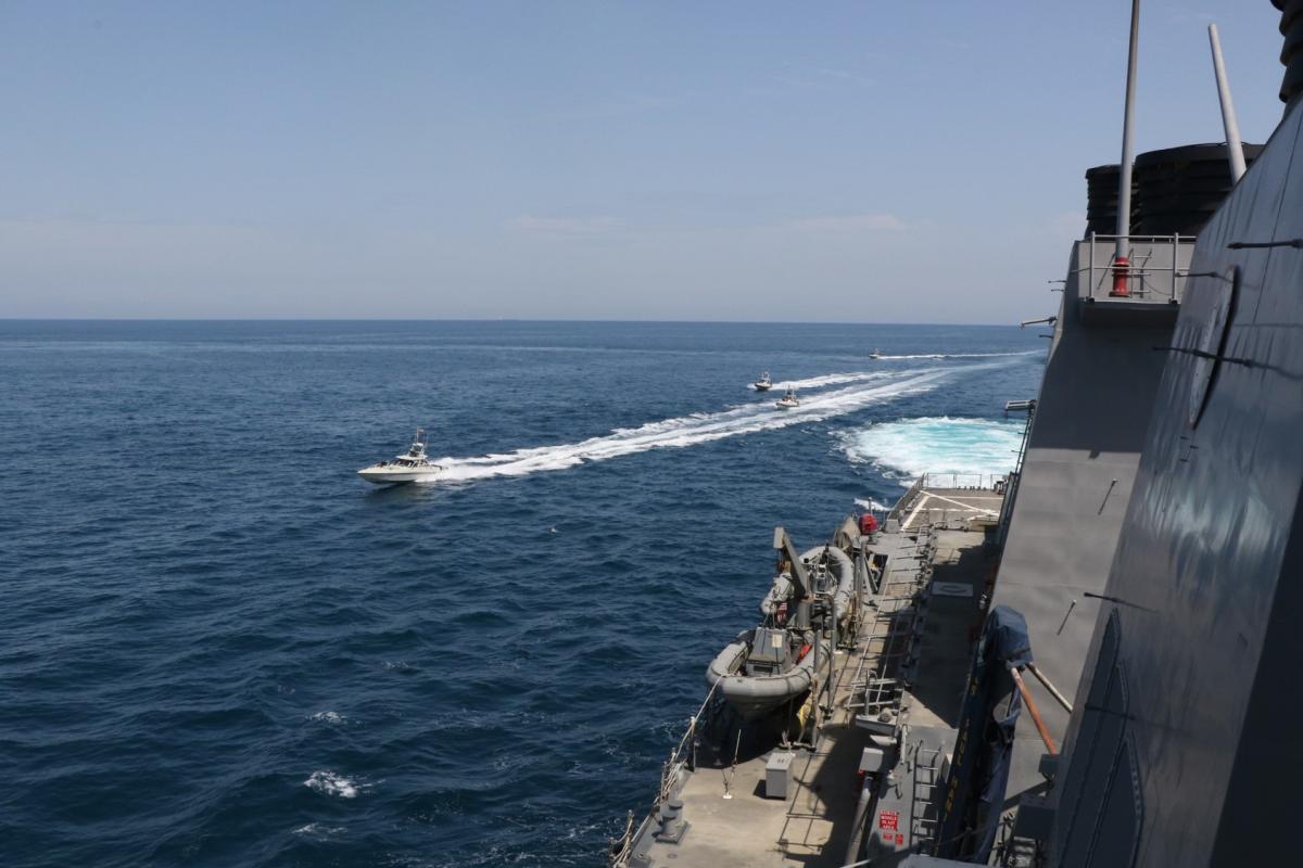 Iranian Islamic Revolutionary Guard Corps Navy vessels harass the USS Paul Hamilton (DDG-60)—one of a formation of U.S. Navy and Coast Guard ships—in international waters of the Arabian Gulf.