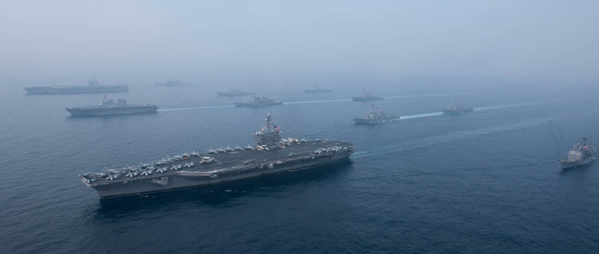 Aerial view of the Carl Vinson Carrier Strike Group and JMSDF conducting training exercises in the sea of Japan