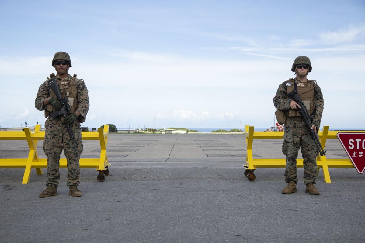 Marines standing guard at Marine Corps Air Station Futenma, Okinawa, Japan.