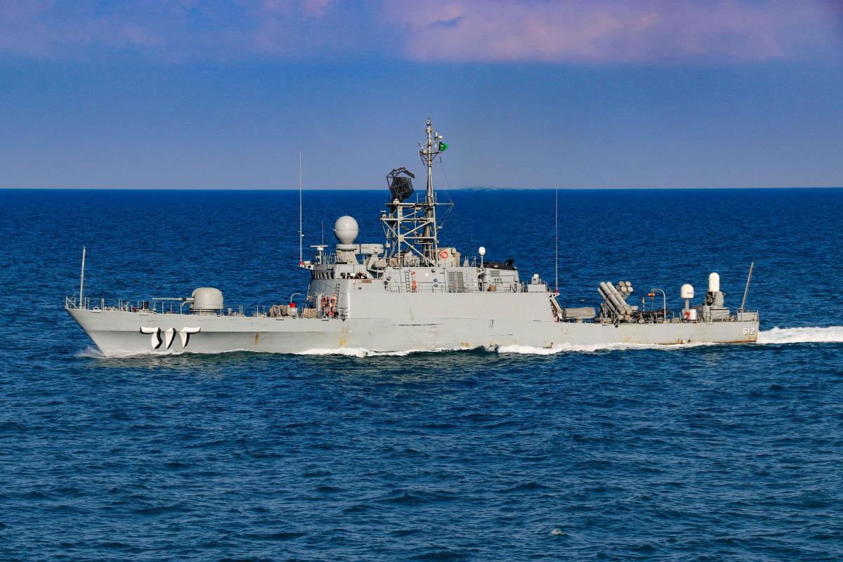 Royal Saudi Naval Force corvette HMS Badr (612) performing maneuvers in the Arabian Gulf. 