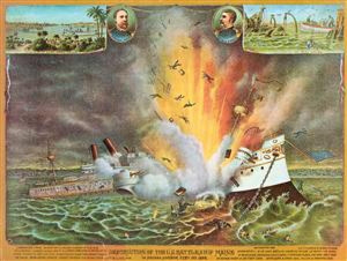 The USS Maine explodes on 15 February 1898 in Havana Harbor, Cuba. Although the cause of the explosion is still open to debate, the incident was one of the factors leading to war with Spain.