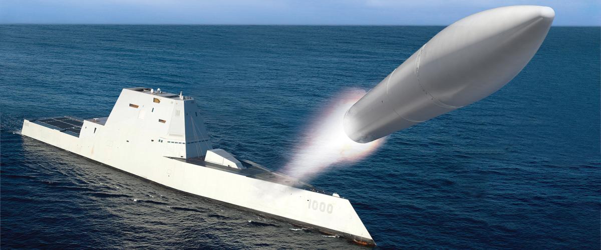 An artist rendering of the USS Zumwalt (DDG-1000) firing the Conventional Prompt Strike long-range hypersonic missile. 
