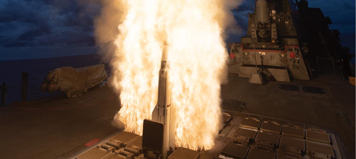 The USS Carl Levin (DDG-120) launches a Standard Missile-3 interceptor.