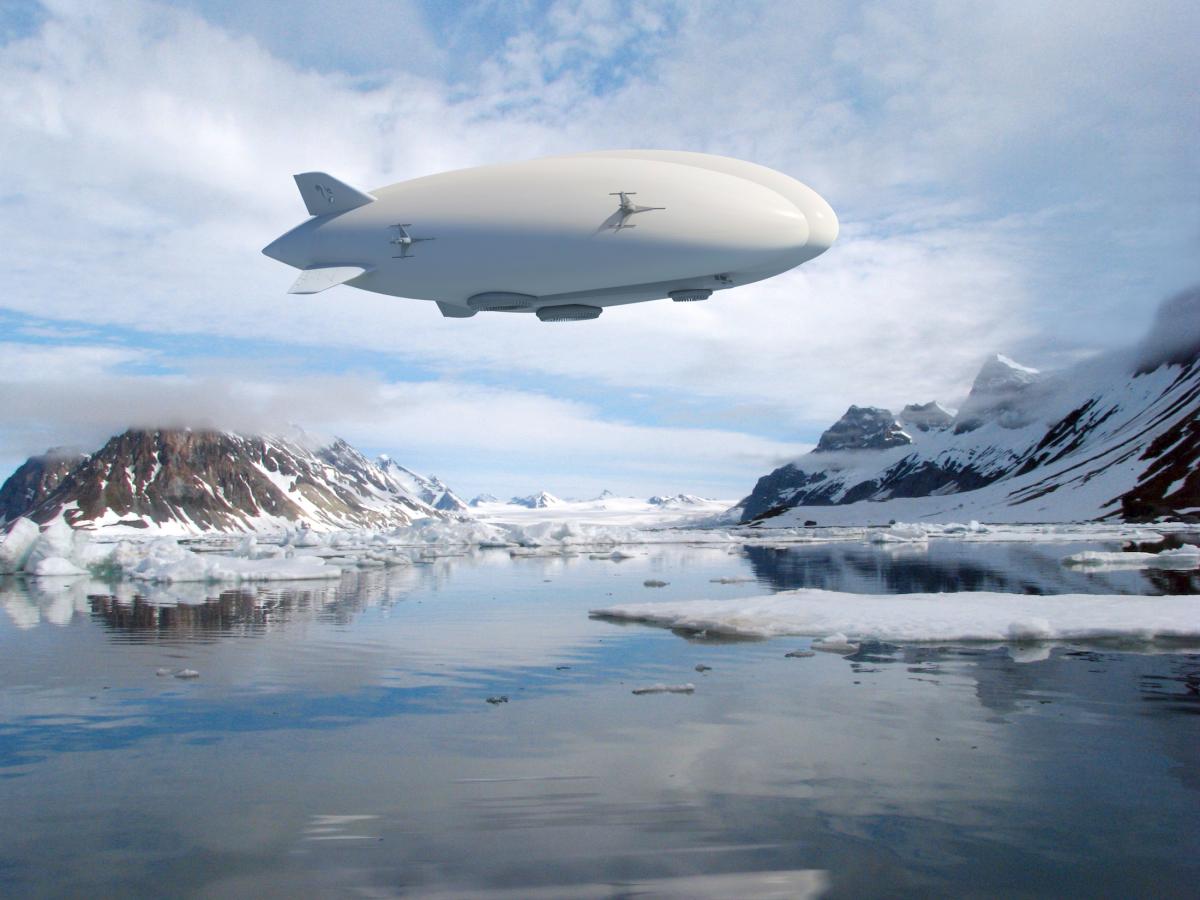 An artist's rendering of a 20-ton hybrid airship operating in a remote area.