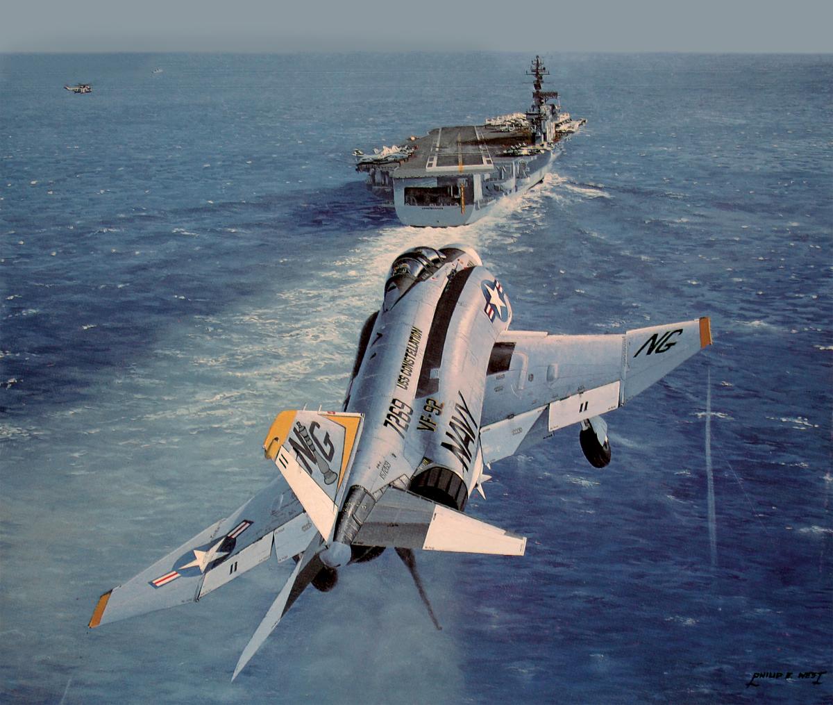 Lieutenant Curtis Dosé lines up his F-4J Phantom II fighter for a landing on the USS Constellation after having downed an enemy MiG-21 over North Vietnam. Philip E. West’s painting is titled Silver Kite 211, the call sign for Dosé’s aircraft.
