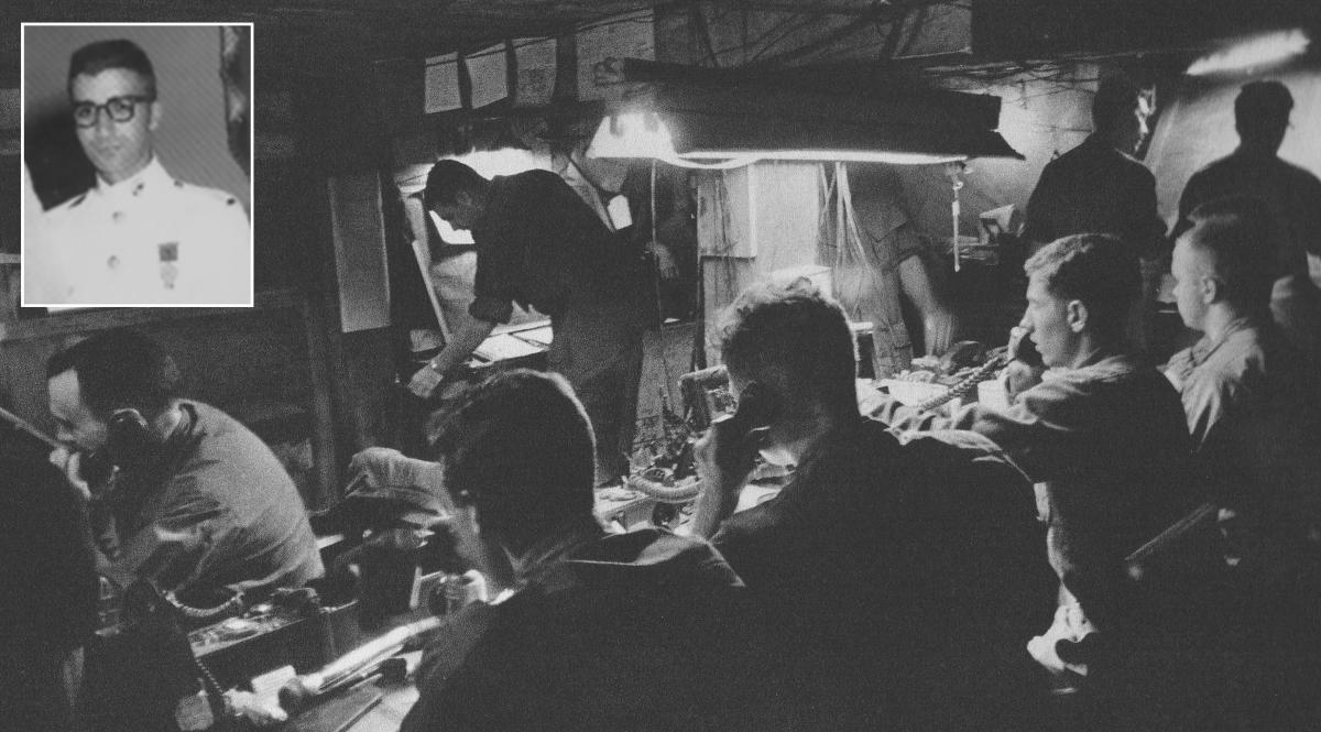 The Fire Support Coordination Center at besieged Khe Sanh Combat Base is a beehive of activity on a typical night in February 1968. Working in the cramped, smoky space, Captain Munir “Harry” Baig (inset), would plot targets for U.S. artillery and aircraft. 